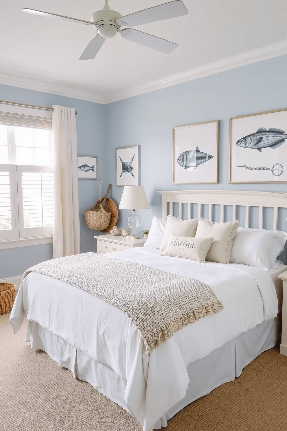 A serene coastal bedroom featuring marine life prints adorning the walls. The room is decorated in soft blues and sandy neutrals, with a large window allowing natural light to flood in. A comfortable king-sized bed is dressed in crisp white linens and a textured throw blanket. Nautical-themed accessories, such as a woven basket and seashell decorations, enhance the coastal vibe.