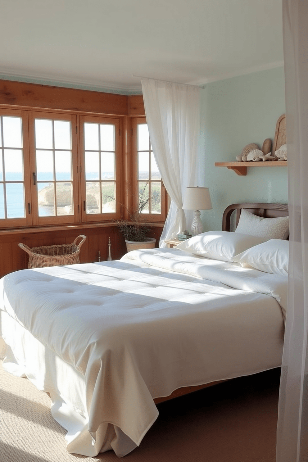 A serene coastal bedroom featuring a linen bedspread that drapes softly over a plush mattress. The walls are painted in a light seafoam color, complemented by natural wood accents and large windows that invite abundant sunlight. Decorative elements include a woven basket beside the bed and a collection of seashells artfully arranged on a shelf. Soft, sheer curtains flutter gently in the breeze, enhancing the relaxed elegance of the space.