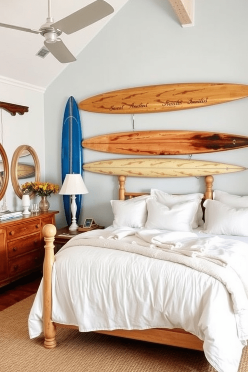 A coastal bedroom featuring vintage surfboards mounted on the walls. The room is adorned with soft white linens and natural wood furniture, creating a relaxed beach vibe.