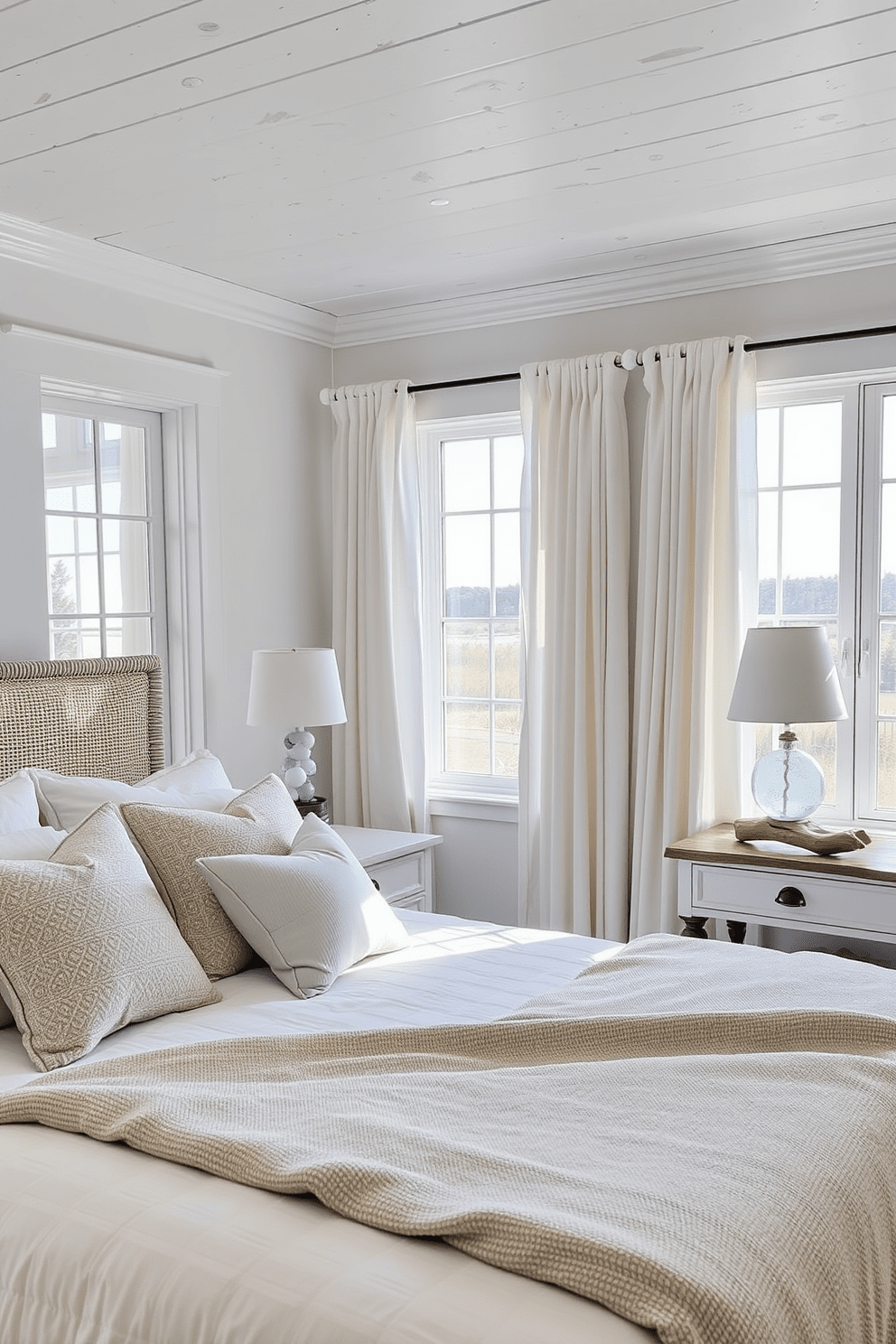 A serene coastal bedroom setting featuring soft white walls and a light wood ceiling. The bed is adorned with coral and sea glass accents, including throw pillows and a cozy blanket, creating a tranquil atmosphere. Natural light floods the room through large windows dressed with sheer curtains. A driftwood nightstand holds a decorative lamp with a sea glass base, enhancing the coastal theme.