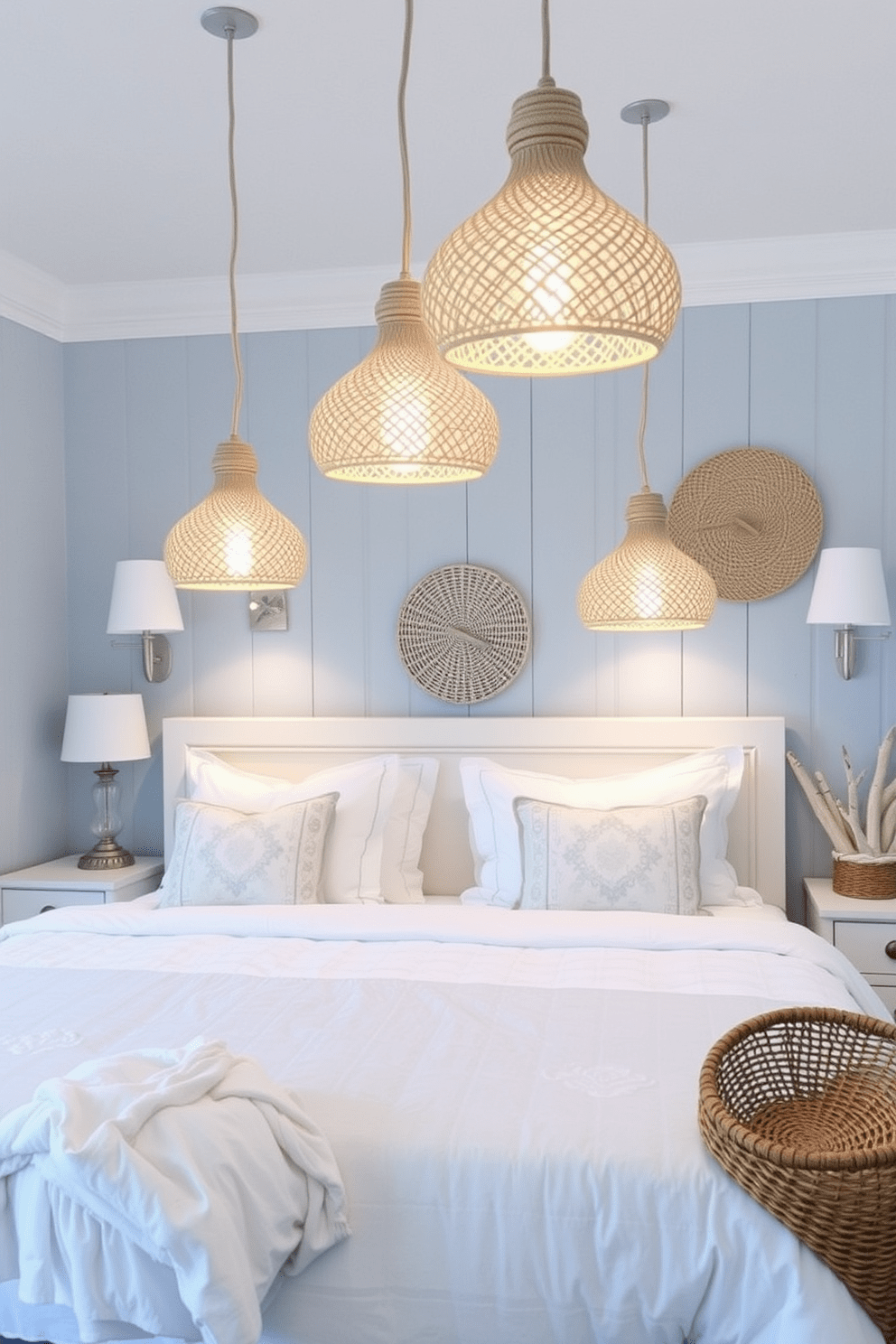 A coastal bedroom featuring beachy pendant lights hanging gracefully over each nightstand. The room is adorned with soft blue and white tones, complemented by natural textures like woven baskets and driftwood accents.