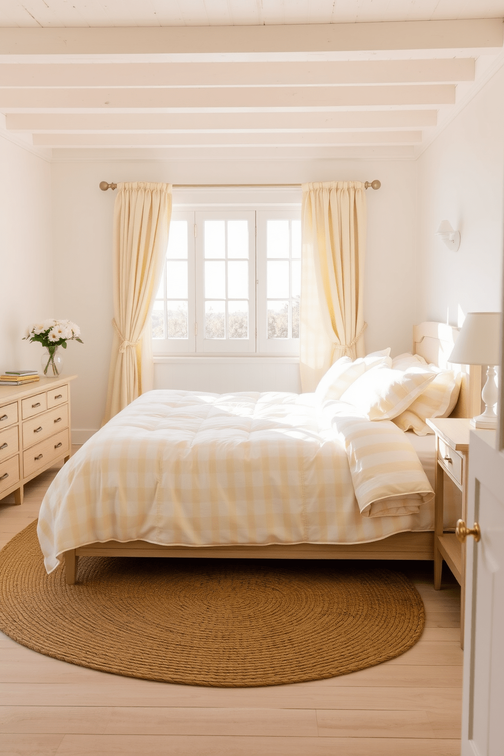 A tranquil coastal bedroom setting with pale yellow accents to evoke sunny warmth. The walls are painted in a soft white, complemented by light wooden furniture and airy linen curtains. A plush king-sized bed is adorned with pale yellow and white striped bedding, creating a fresh and inviting atmosphere. A woven jute rug lies beneath the bed, adding texture and a touch of nature to the space.