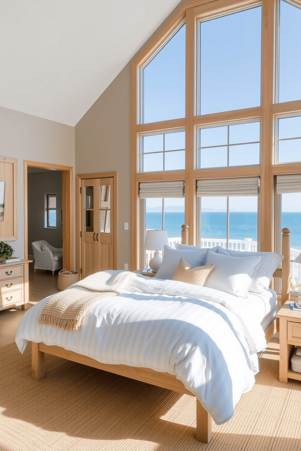 A coastal bedroom featuring natural wood furniture with soft linens creates a serene and inviting atmosphere. The bed is adorned with light blue and white striped bedding, complemented by fluffy pillows and a woven throw blanket. Large windows allow abundant natural light to fill the space, showcasing views of the ocean. The walls are painted in a soft sandy beige, and a jute rug lies underfoot, enhancing the beachy vibe.