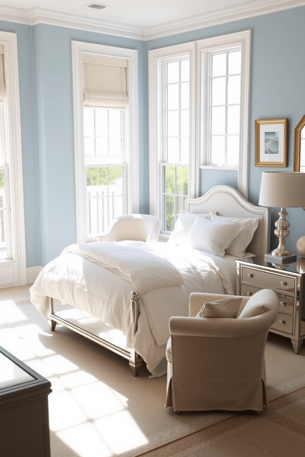 A coastal bedroom featuring mirrored furniture that reflects natural light. The room has soft blue walls, a plush white bedspread, and large windows that let in ample sunlight. The mirrored nightstands flanking the bed add a touch of elegance and enhance the airy feel of the space. A cozy seating area by the window includes a light-colored armchair and a small round table, perfect for enjoying morning coffee.