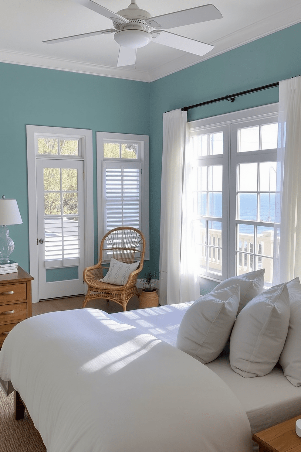 A serene coastal bedroom featuring muted turquoise walls that evoke a calming atmosphere. The room is adorned with a plush white bedspread and soft, oversized pillows, complemented by natural wood furniture. Large windows allow ample natural light to flood the space, with sheer white curtains gently billowing in the breeze. A cozy reading nook with a rattan chair and a small side table is positioned near the window, creating a perfect spot to unwind.