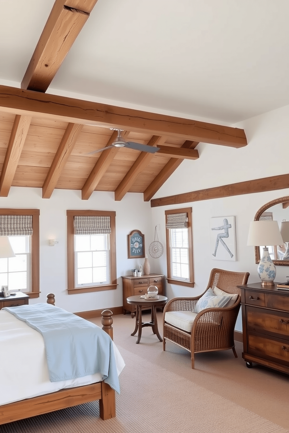 A serene coastal bedroom featuring exposed wooden beams that create a warm and inviting atmosphere. The walls are painted in soft white hues, complemented by light blue accents in the bedding and decor. A cozy seating area by the window includes a plush armchair and a small side table, perfect for enjoying a morning coffee. Natural light floods the space, highlighting the rustic wooden furniture and woven textures throughout.