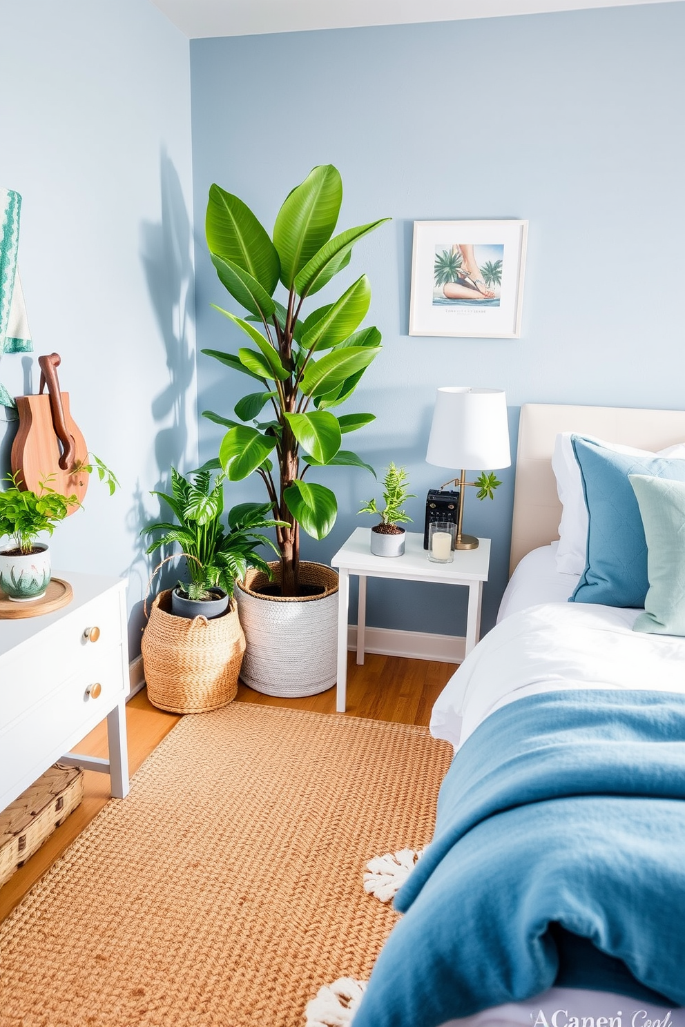 Create a coastal bedroom design featuring soft blue and white color palettes. Incorporate natural textures such as a woven jute rug and driftwood accents to enhance the seaside vibe. Include a variety of indoor plants to bring freshness and life to the space. Position a tall fiddle leaf fig in one corner and smaller succulents on the bedside tables for added greenery.