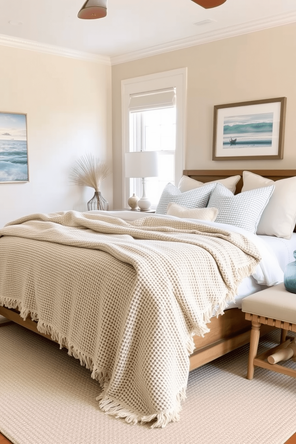 A coastal bedroom design featuring soft textured blankets draped across a large inviting bed. The walls are painted in a light sandy beige, complemented by ocean-inspired artwork and natural wood accents throughout the space.