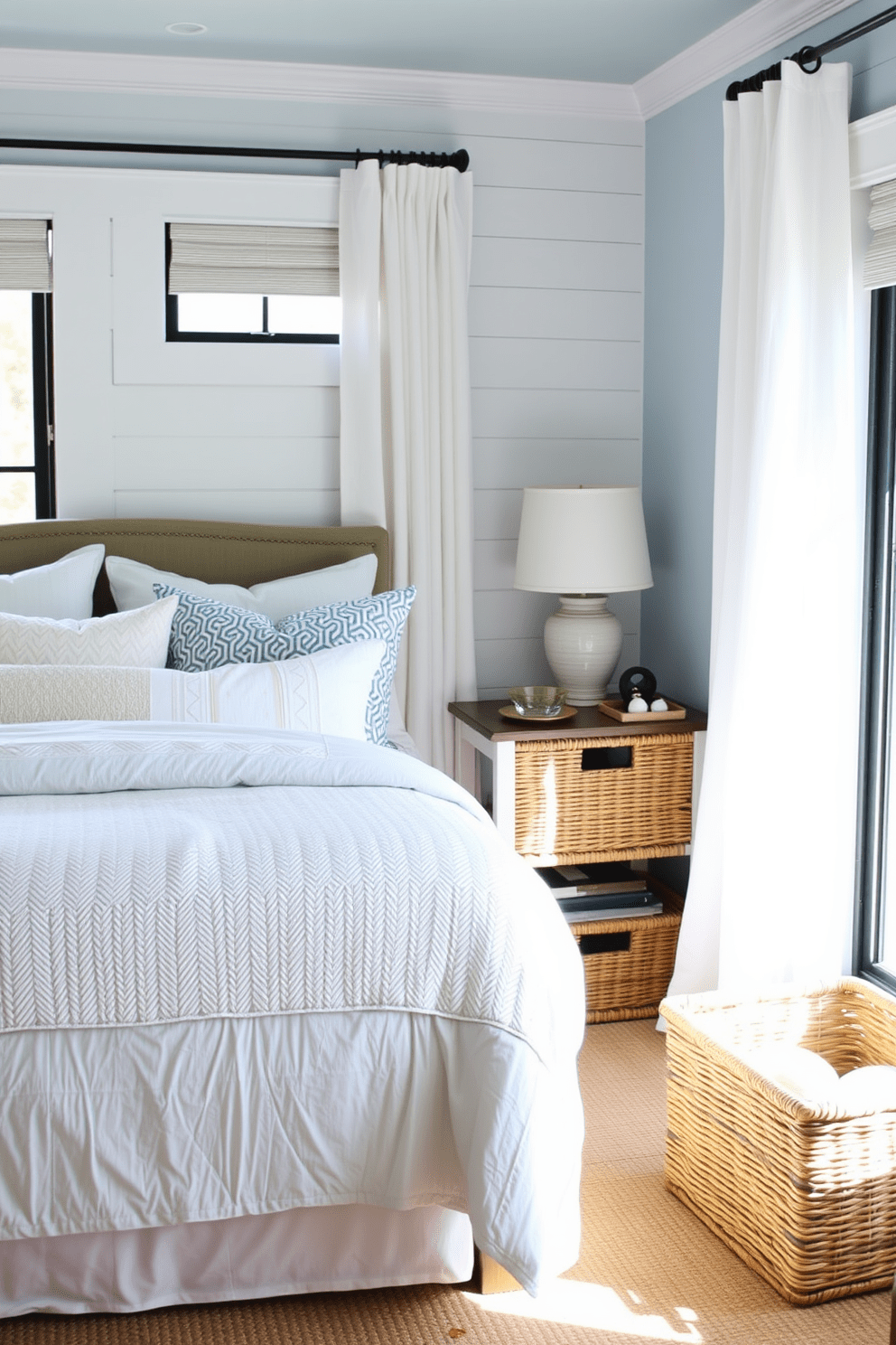 A coastal bedroom featuring seagrass baskets for stylish organization. The room is adorned with soft blue and white hues, complemented by natural light streaming through sheer curtains. Seagrass baskets are placed neatly in the corner, holding extra linens and accessories. A comfortable bed with a light, textured duvet sits against a shiplap accent wall, creating a serene and inviting atmosphere.