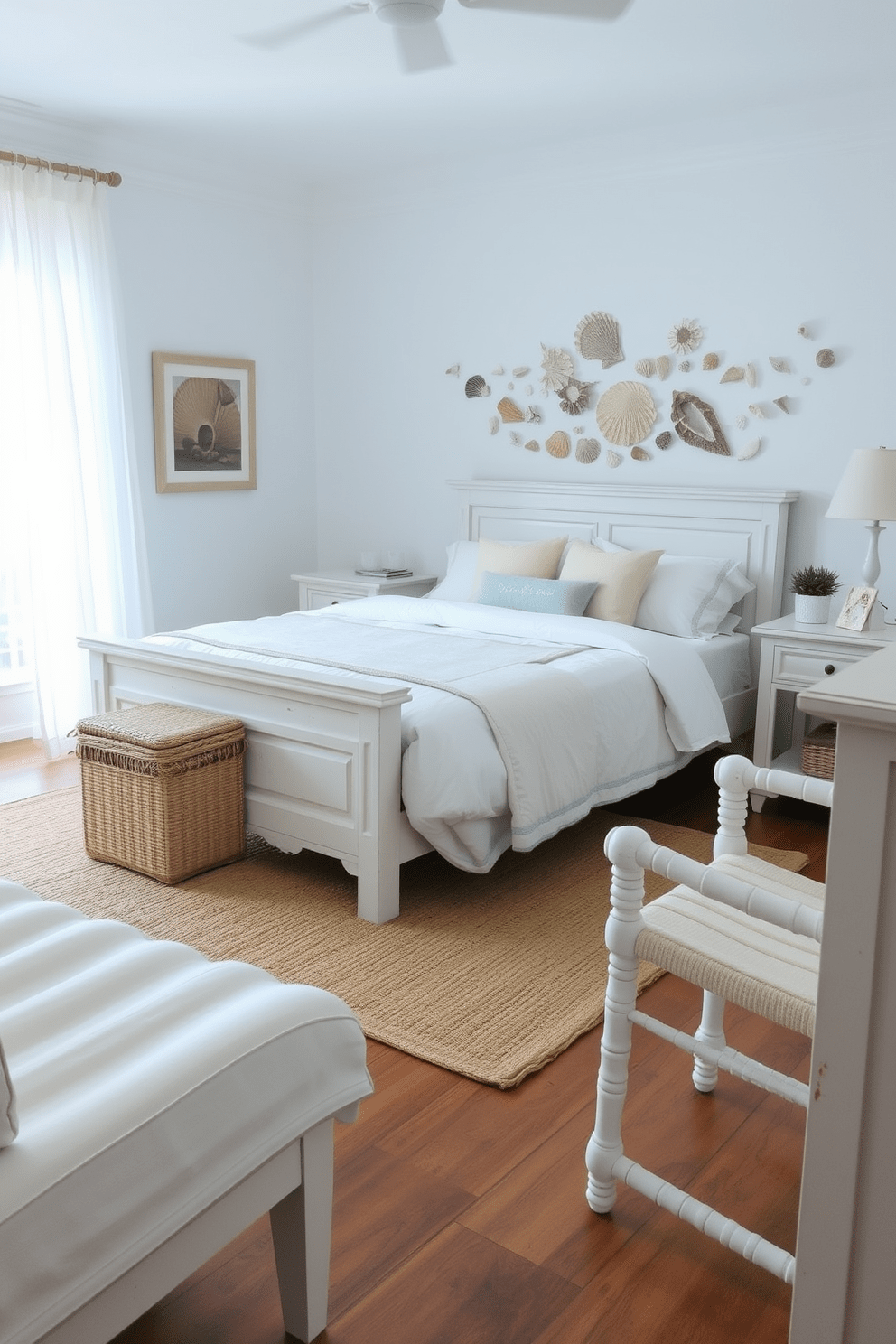 A coastal bedroom featuring whitewashed furniture that evokes a relaxed beachy vibe. The bed is adorned with light blue and white linens, and a woven jute rug lays beneath it, adding texture to the space. Soft natural light filters through sheer curtains, illuminating the room's airy atmosphere. A collection of seashells and driftwood art decorates the walls, enhancing the coastal theme.