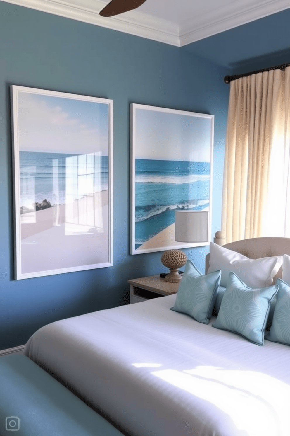 A coastal bedroom featuring large ocean view photographs as focal points on the walls. The room is adorned with soft blue and sandy beige tones, creating a serene and inviting atmosphere. The bed is dressed in crisp white linens with decorative pillows in shades of aqua. Natural light floods the space through sheer curtains, enhancing the tranquil coastal vibe.