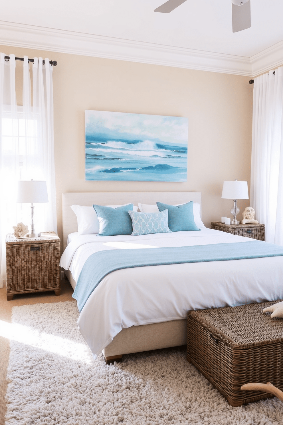 A serene coastal bedroom setting with sandy beige paint on the walls creating a neutral backdrop. The room features a king-sized bed dressed in crisp white linens and a soft blue throw blanket, complemented by a pair of wicker nightstands on either side. Natural light floods the space through sheer white curtains, highlighting a large abstract painting with ocean hues above the bed. A plush area rug in light gray anchors the room, while decorative seashells and driftwood accents enhance the coastal theme.