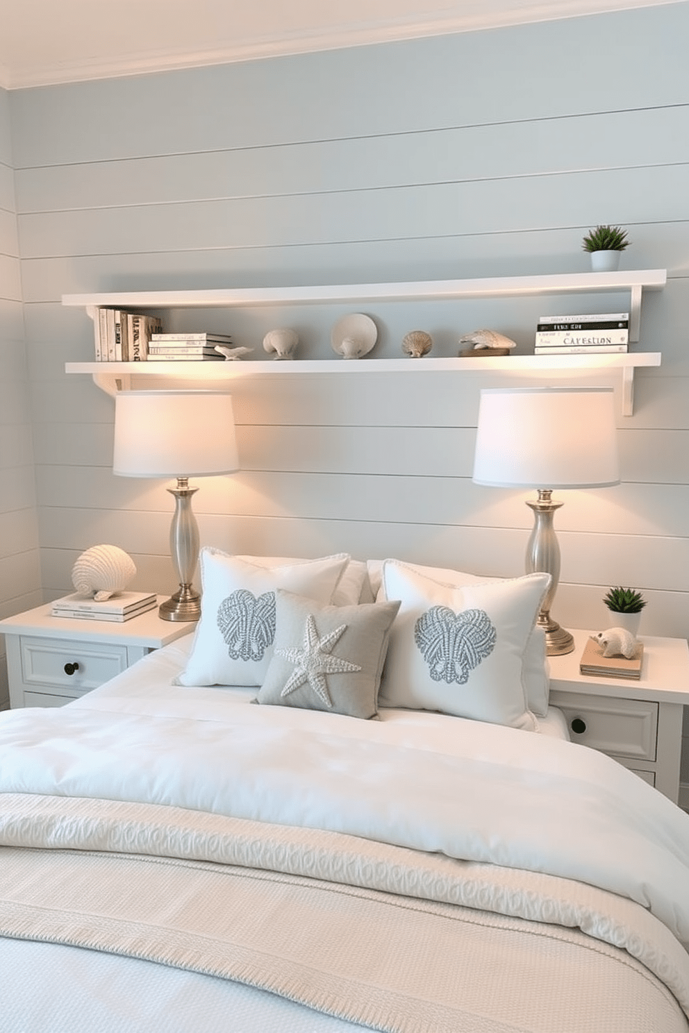 A serene coastal bedroom setting with soft blue walls and white shiplap accents. The nightstands feature elegant seashell accents and are topped with stylish lamps that provide a warm glow. A plush white bed is adorned with ocean-themed throw pillows and a light beige blanket. On the shelves, decorative seashells are arranged alongside coastal-inspired books and small potted plants.