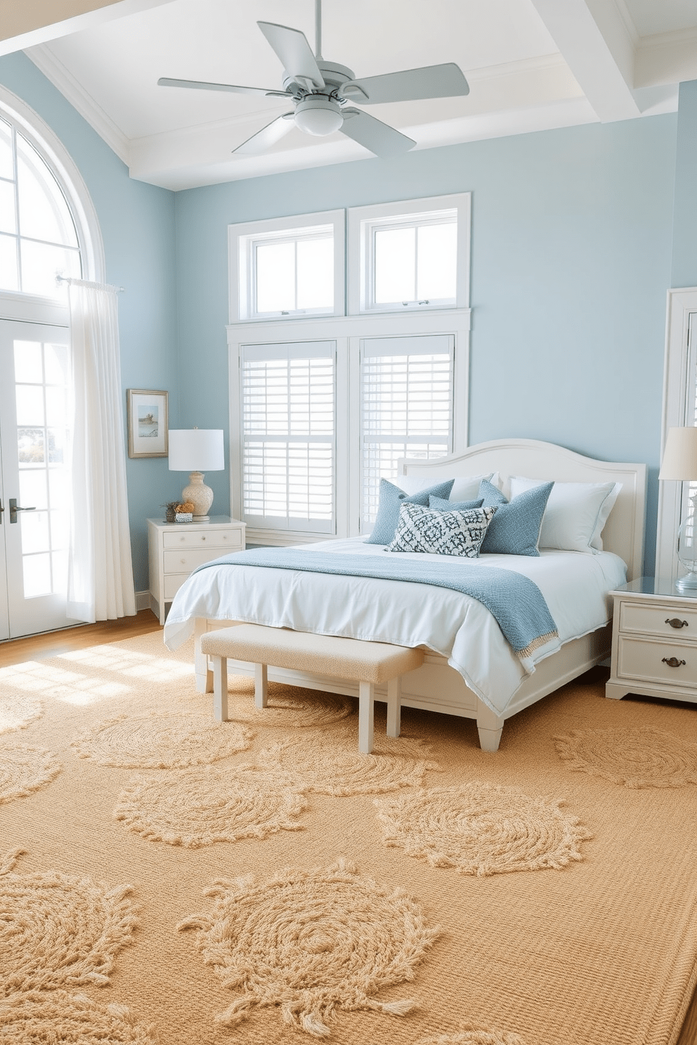 A serene coastal bedroom filled with soft beige rugs that evoke a sandy beach atmosphere. The room features light blue walls and white wooden furniture, creating a refreshing and airy vibe. A plush king-sized bed is adorned with crisp white linens and a variety of textured throw pillows in shades of blue and beige. Large windows allow natural light to flood the space, complemented by sheer white curtains that flutter gently in the breeze.