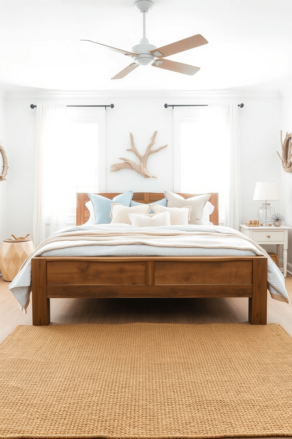 A serene coastal bedroom featuring driftwood decor that adds rustic charm. The walls are painted in soft white, and the bedding is a mix of light blues and sandy beige tones. A reclaimed wood bed frame serves as the focal point, adorned with textured throw pillows. Natural light pours in through sheer curtains, illuminating a jute rug that anchors the space.