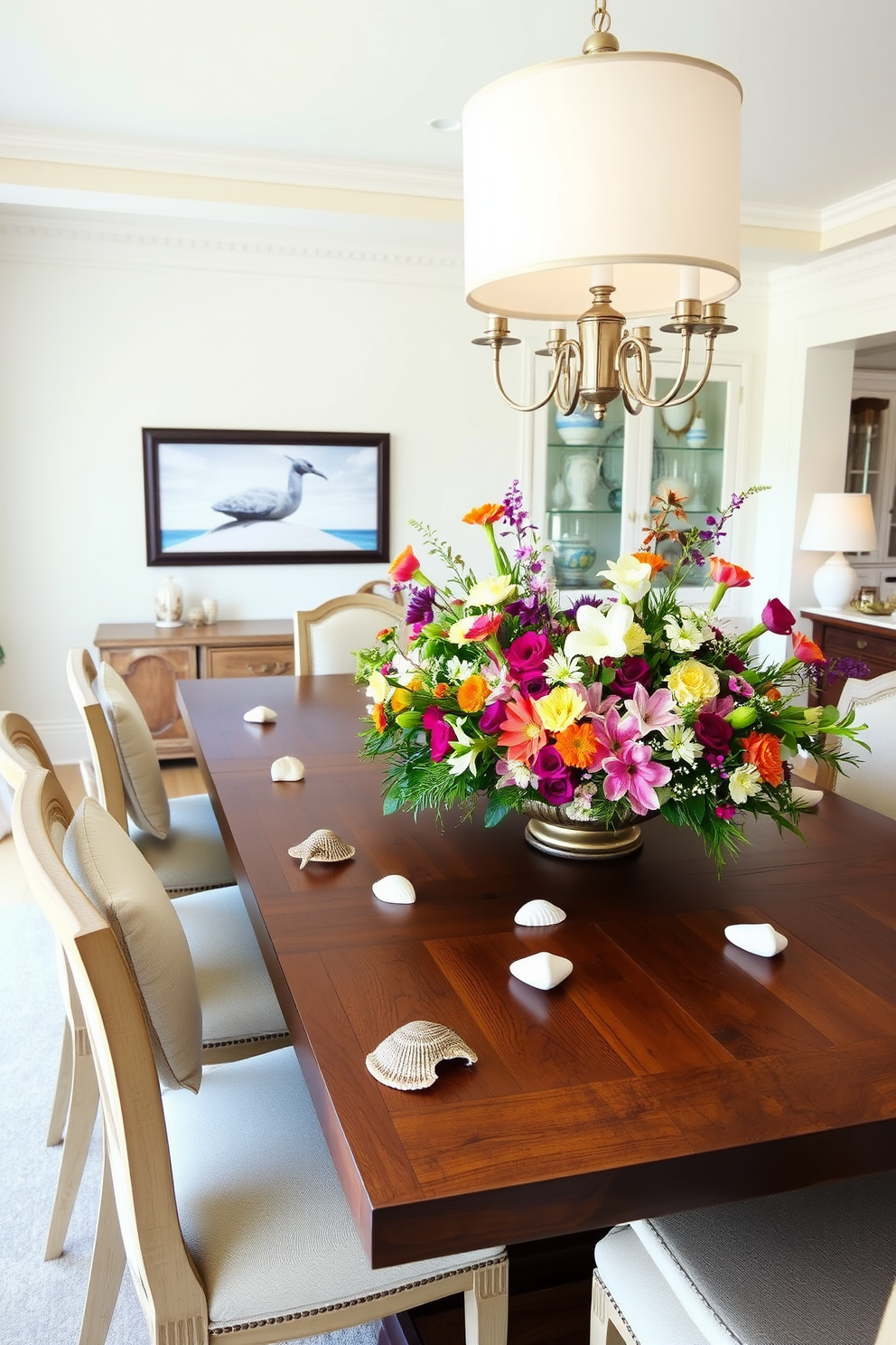 A stunning coastal dining room features a large wooden table as the centerpiece adorned with a vibrant arrangement of fresh flowers in various colors. Surrounding the table are elegant chairs with soft cushions, and decorative shells are scattered artfully across the table, enhancing the beach-inspired theme.