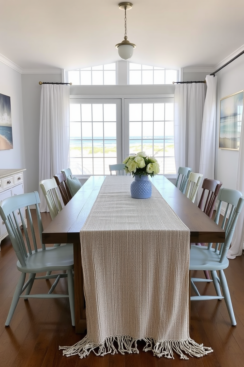 A coastal dining room featuring a textured table runner in sandy hues drapes elegantly over a long wooden table. Surrounding the table are mismatched chairs in soft blues and whites, creating a relaxed yet stylish atmosphere. The walls are adorned with light, airy artwork depicting beach scenes, enhancing the coastal theme. Large windows allow natural light to flood the space, complemented by sheer white curtains that flutter gently in the breeze.