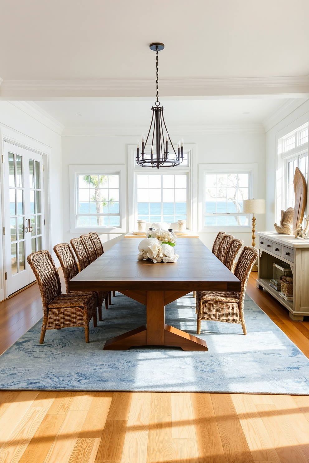 A coastal-inspired dining room features a large wooden table surrounded by woven chairs. Beneath the table, a soft area rug with shades of blue and sandy beige evokes the beach. The walls are painted in a light, airy color, complemented by white trim and natural light streaming through large windows. Nautical decor elements, such as seashells and driftwood accents, enhance the coastal theme throughout the space.