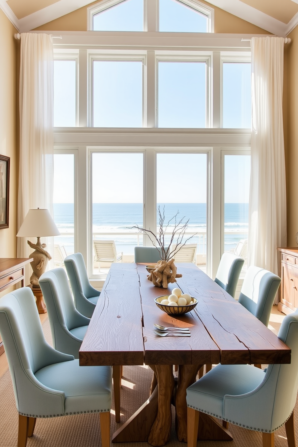 A coastal dining room featuring driftwood accents creates a relaxed and inviting atmosphere. The table is made of reclaimed wood with a weathered finish, surrounded by light blue upholstered chairs. Large windows allow natural light to flood the space, showcasing views of the ocean. Soft white curtains flutter gently, complementing the sandy beige walls and enhancing the beachy vibe.