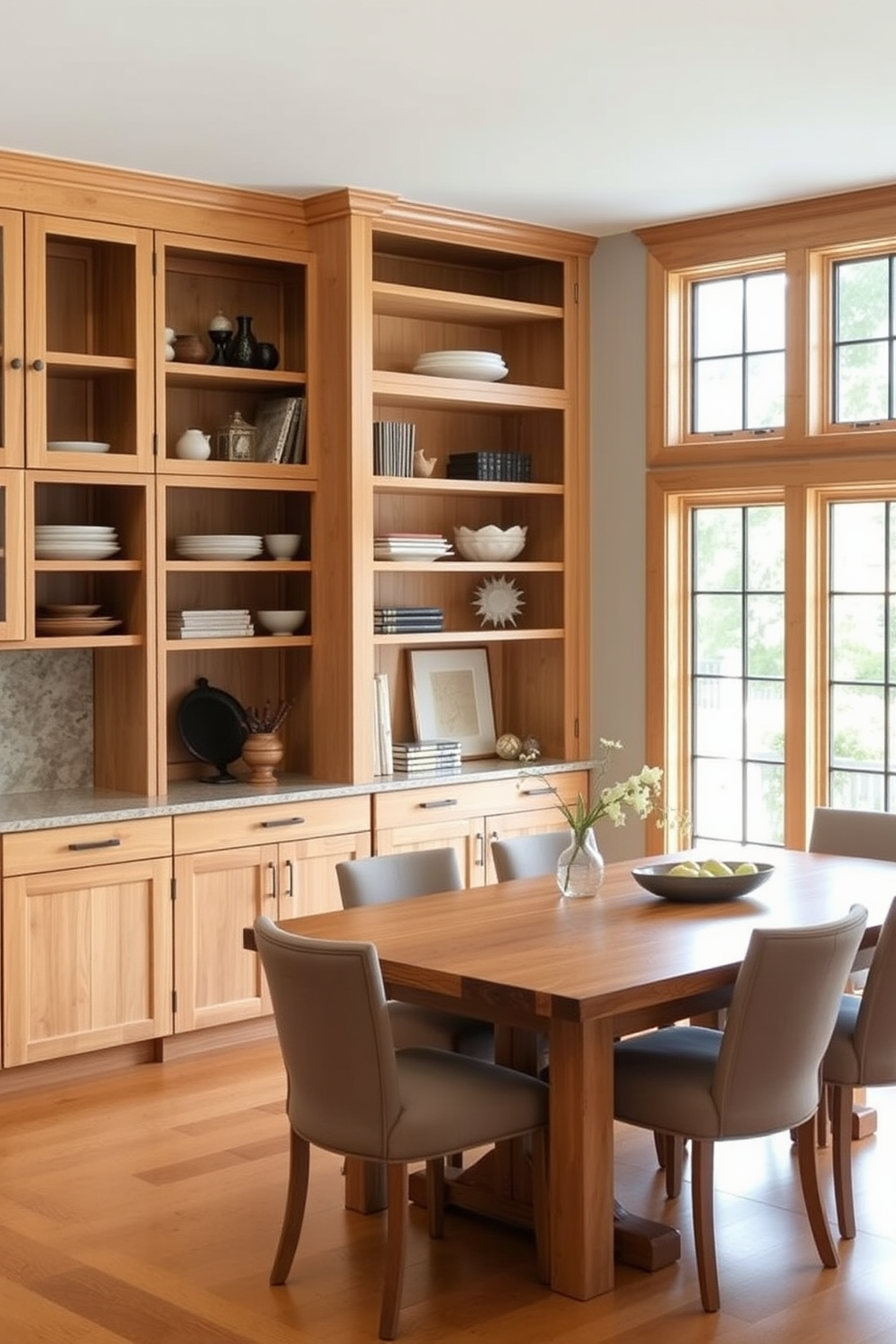 Light wood cabinetry with open shelving creates a warm and inviting atmosphere. The dining room features a large wooden table surrounded by upholstered chairs, with natural light streaming in through large windows.