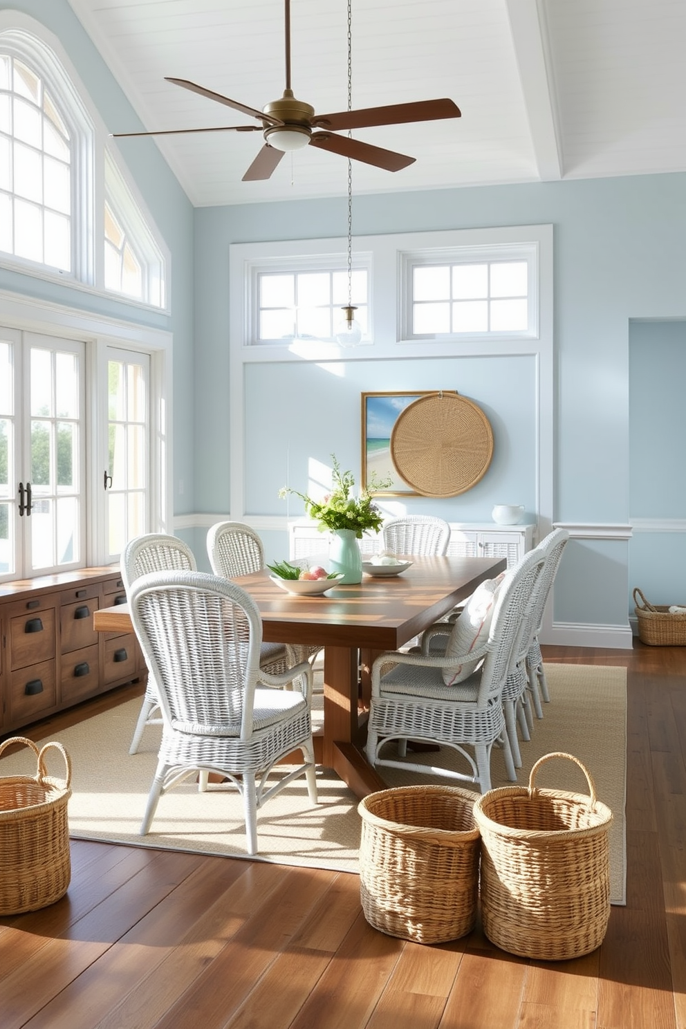 A coastal dining room featuring seagrass baskets for stylish storage. The room includes a large wooden dining table surrounded by white wicker chairs, with natural light streaming in through large windows. Seagrass baskets are placed strategically around the room, adding texture and functionality. The walls are painted in a soft blue hue, complementing the coastal theme and enhancing the airy atmosphere.