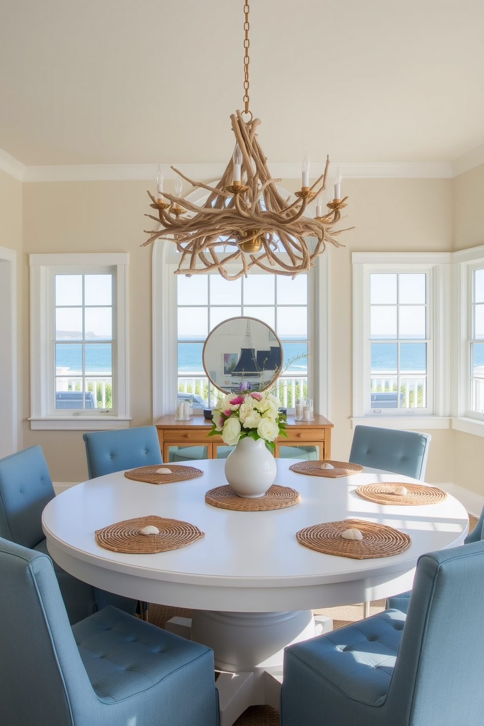 A large round dining table takes center stage in a coastal dining room, surrounded by comfortable upholstered chairs in soft blue fabric. The walls are painted in a light sandy hue, and large windows allow natural light to flood the space, offering views of the ocean beyond. A statement chandelier made of driftwood and seashells hangs above the table, adding a touch of beachy elegance. The room features nautical decor elements, such as woven placemats and a centerpiece of fresh flowers in a ceramic vase.