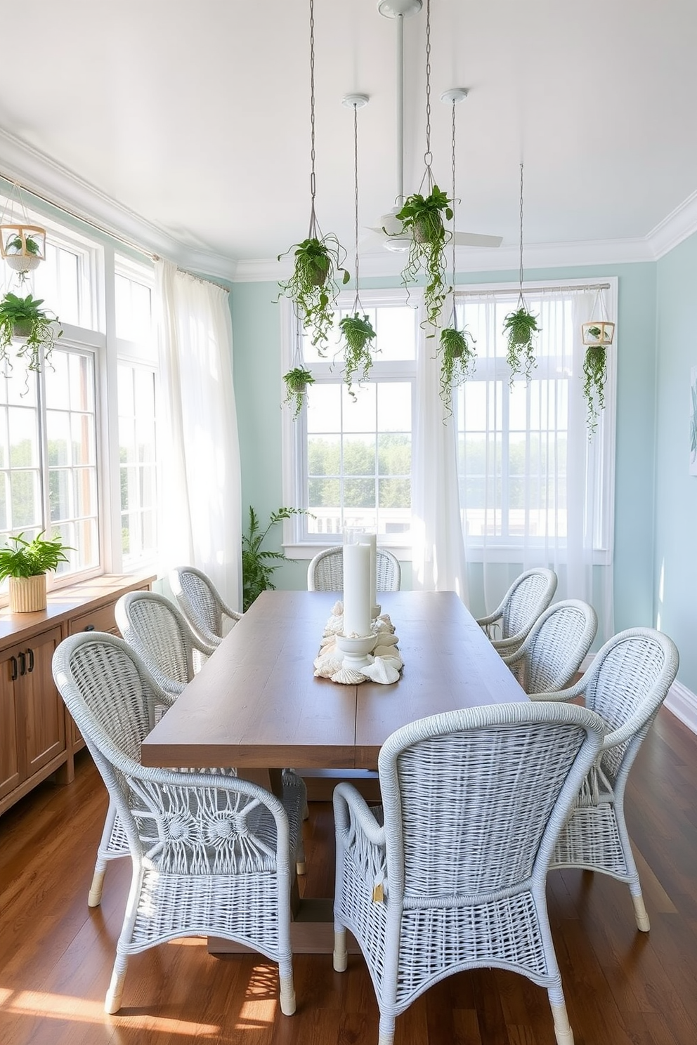 A bright coastal dining room featuring a large wooden table surrounded by white wicker chairs. The walls are painted in a soft seafoam blue, and large windows allow natural light to flood the space, with sheer white curtains gently swaying in the breeze. Hanging plants are suspended from the ceiling, adding a fresh touch to the airy atmosphere. A centerpiece of seashells and candles adorns the table, enhancing the relaxed coastal vibe.