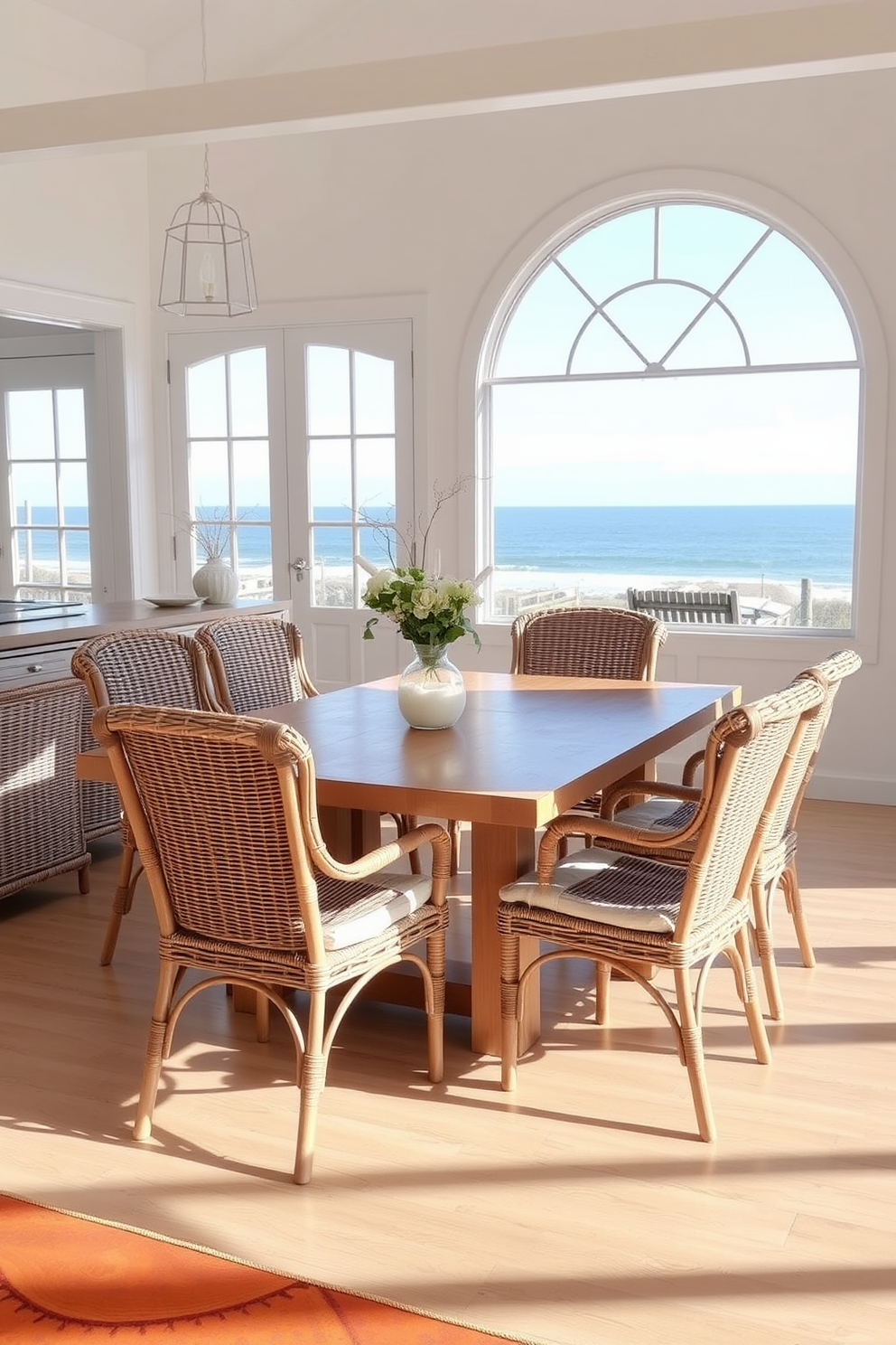 A coastal dining room features a natural wood table surrounded by wicker chairs that exude a relaxed, beachy vibe. Large windows allow plenty of natural light to fill the space, enhancing the airy atmosphere and showcasing views of the ocean.