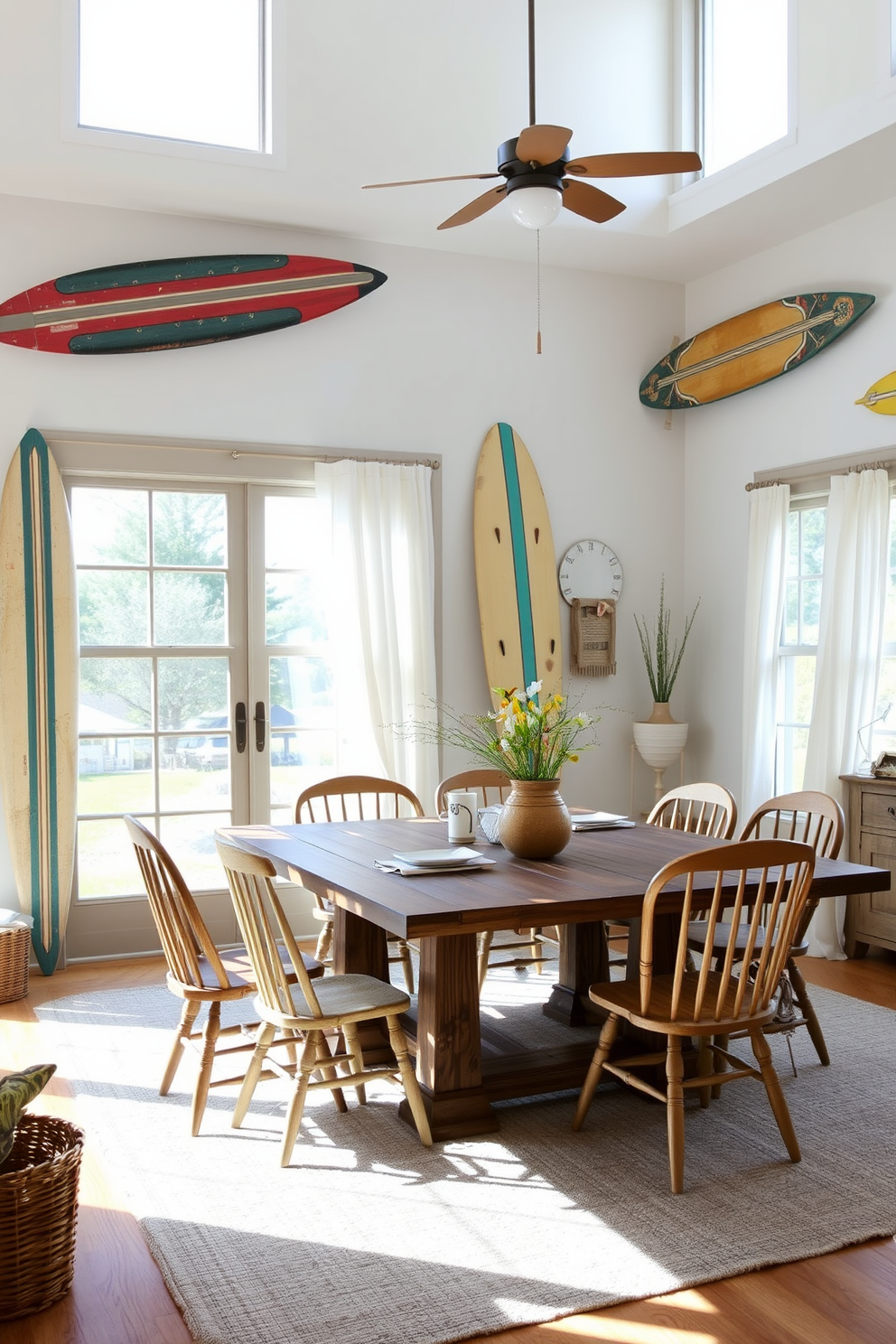 A coastal dining room features vintage surfboards mounted on the walls as unique decor. The dining table is made of reclaimed wood, surrounded by mismatched chairs that evoke a relaxed beach vibe. Large windows allow natural light to flood the space, with sheer white curtains fluttering in the breeze. The color palette includes soft blues and sandy neutrals, complemented by nautical-themed accessories.