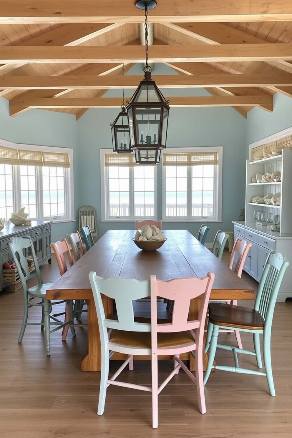 A coastal dining room features a large wooden table surrounded by mismatched chairs in soft pastel colors. Above the table, charming lanterns hang from a beamed ceiling, casting a warm and inviting glow. The walls are painted in a light blue hue, reminiscent of the ocean, while seashell decor adorns the shelves. Large windows allow natural light to flood the space, offering a view of the beach outside.