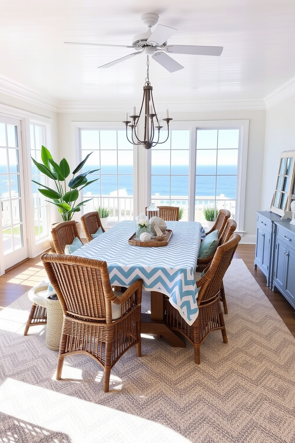 A coastal dining room featuring a chevron patterned tablecloth that adds visual interest to the space. The room is filled with natural light, showcasing a large wooden dining table surrounded by wicker chairs. Soft blue and white accents complement the coastal theme, with seashell decor and nautical elements enhancing the ambiance. Large windows offer a view of the ocean, while potted plants bring a touch of greenery indoors.