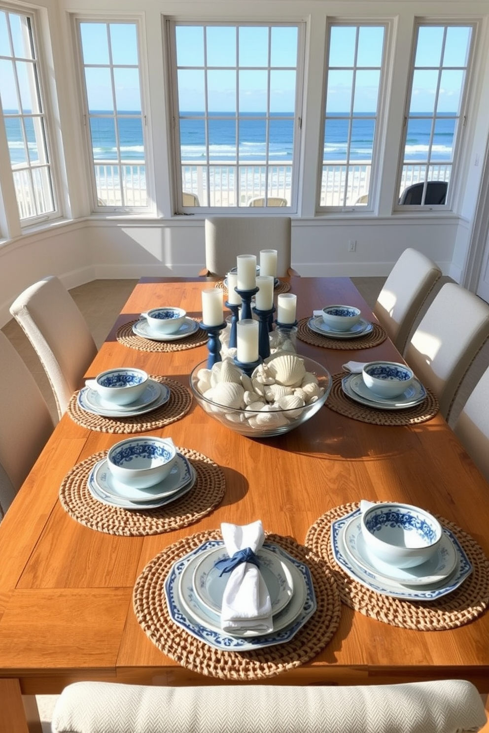 A coastal-themed dining table is set with elegant blue and white ceramic plates, complemented by woven placemats that add texture. The centerpiece features a collection of seashells and candles arranged in a glass bowl, enhancing the beach-inspired atmosphere. The chairs are upholstered in light beige fabric, providing a soft contrast to the wooden table. Large windows allow natural light to flood the space, showcasing ocean views and creating a serene dining experience.