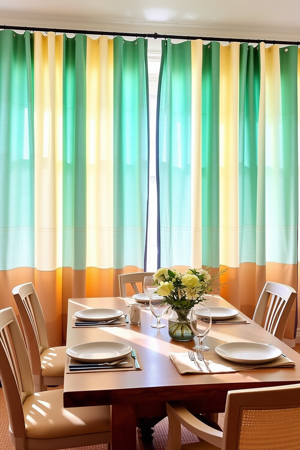 A coastal dining room features beachy color-blocked curtains that gently filter sunlight, creating a warm and inviting atmosphere. The table is set with natural wood accents and light, airy tableware that complements the serene color palette.