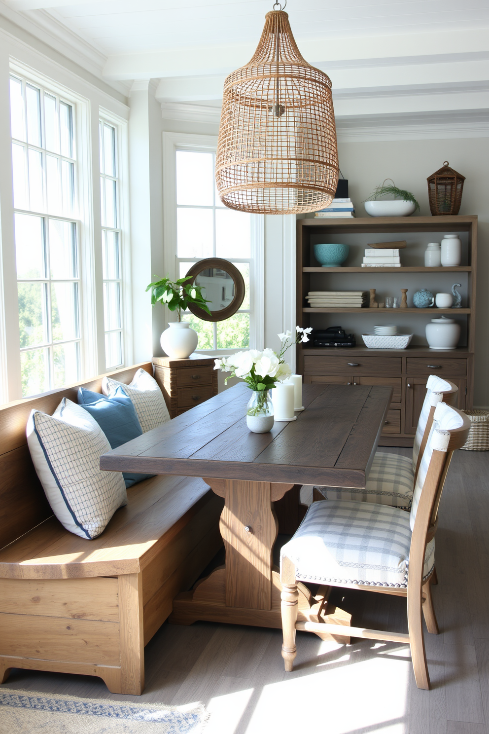 A coastal dining room features a wooden bench positioned around a large, rustic dining table. The space is filled with natural light from large windows, with soft blue and white accents throughout the decor.