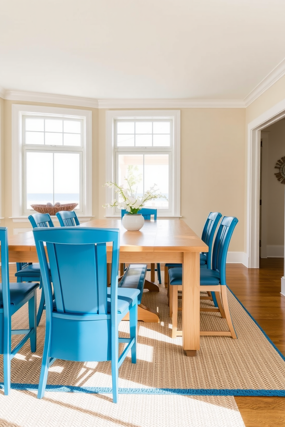 A coastal dining room featuring ocean blue dining chairs that provide a striking contrast against a light wood dining table. The walls are painted in a soft sandy beige, and large windows allow natural light to fill the space, enhancing the beachy atmosphere.