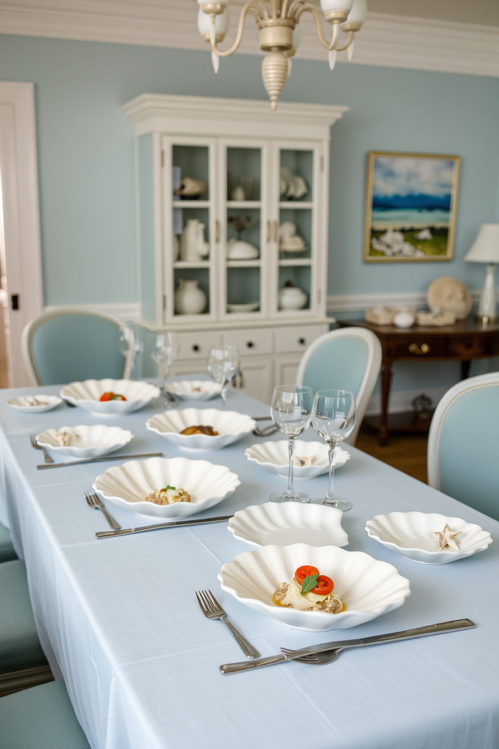 A coastal dining room featuring elegant shell-shaped dishes for serving food. The table is set with a light blue tablecloth and adorned with seashell accents, creating a relaxed yet sophisticated atmosphere.