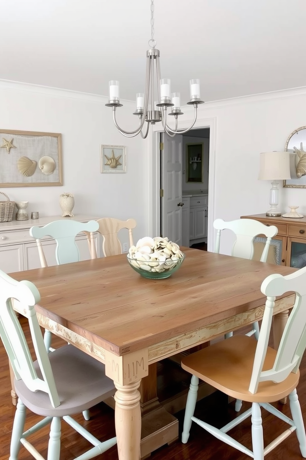 A coastal dining room featuring a large wooden table with a weathered finish surrounded by mismatched chairs in soft pastel colors. Seashell accents are incorporated throughout the decor, including a centerpiece made of various seashells arranged in a glass bowl and seashell-themed artwork on the walls.