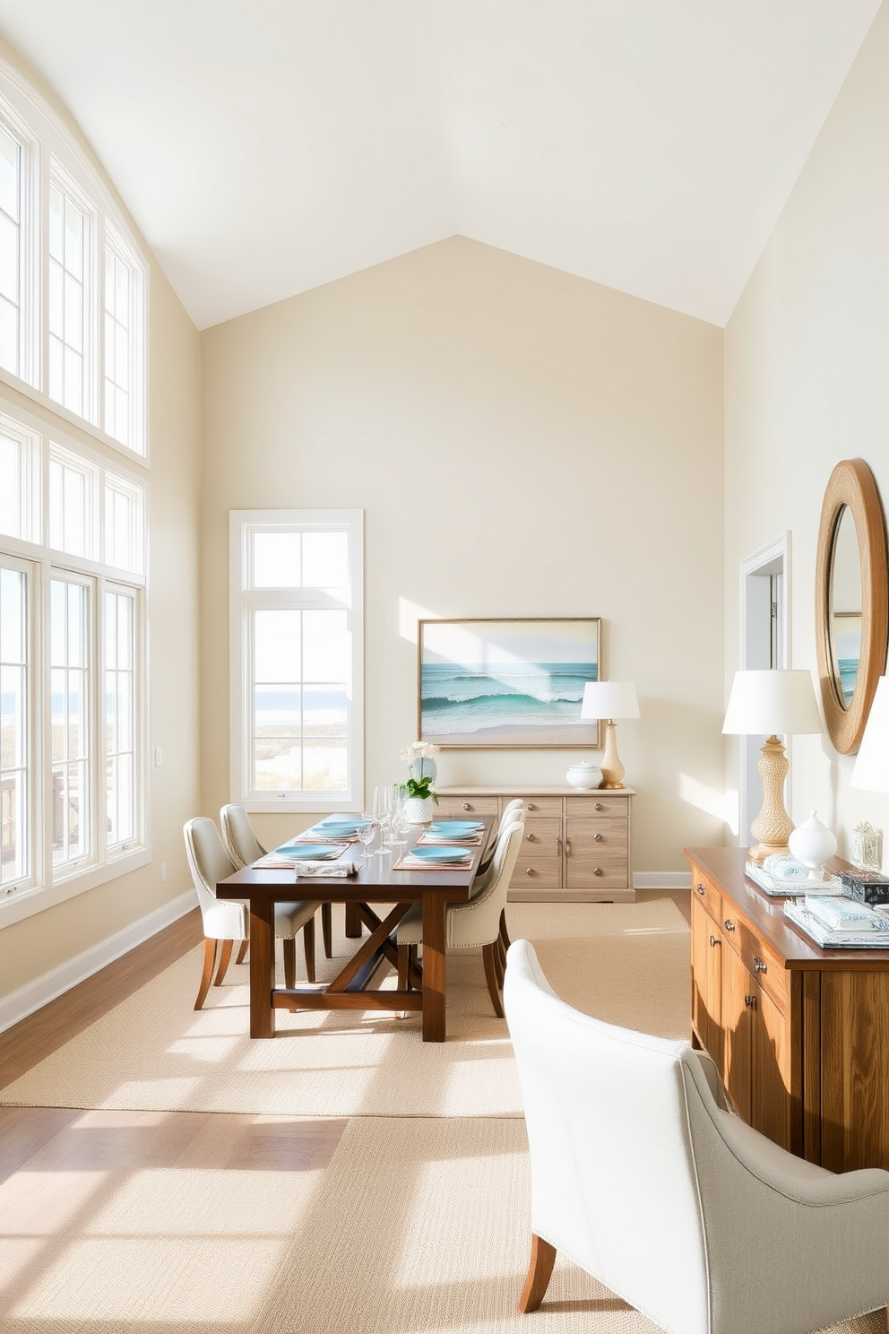 A coastal dining room featuring large windows that flood the space with abundant natural light. The room includes a long wooden dining table surrounded by comfortable upholstered chairs in soft pastel colors. The walls are painted in a light sandy hue, complementing the ocean-inspired decor. A large piece of artwork depicting a serene beach scene hangs above a sideboard filled with elegant dinnerware.