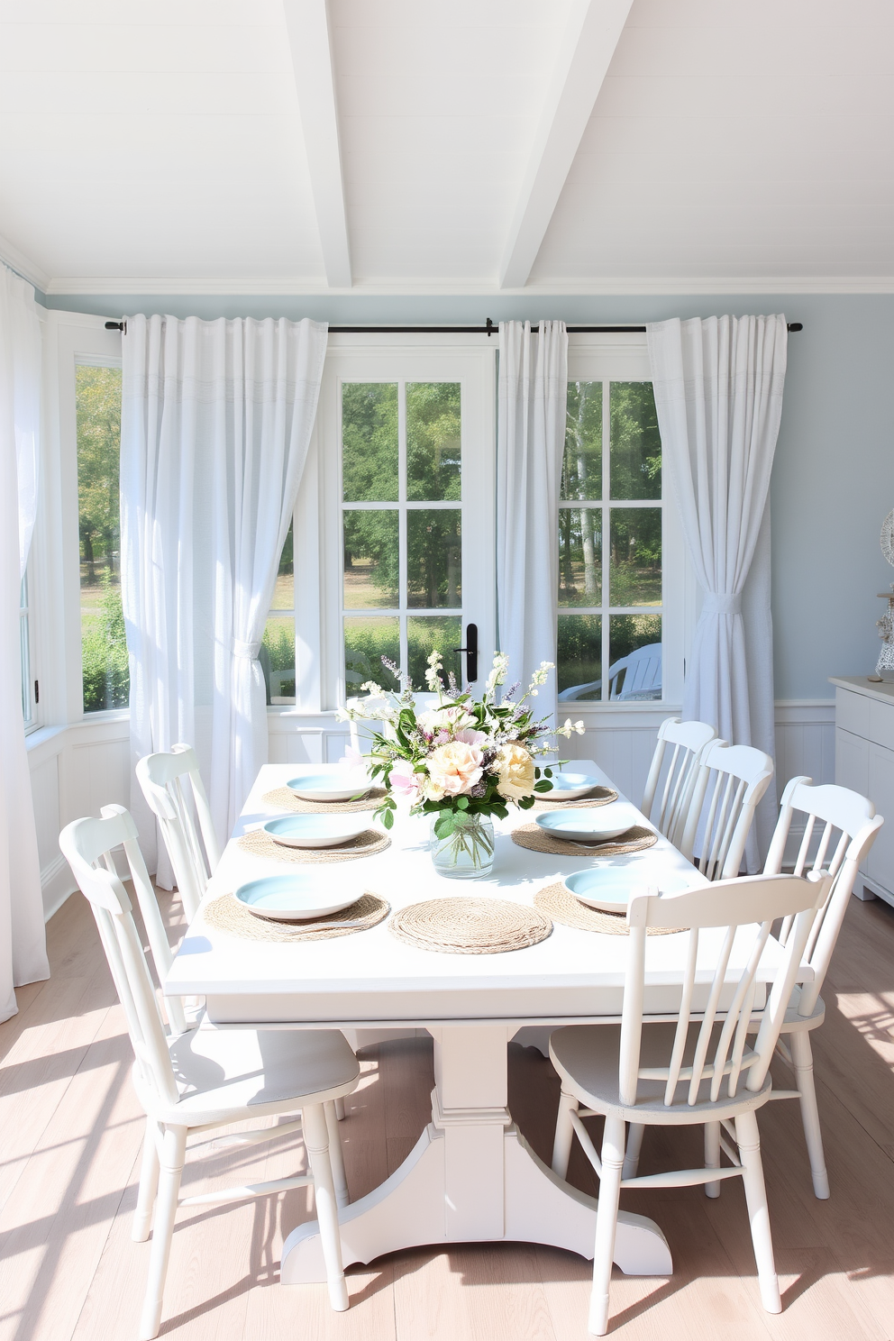 A coastal dining room featuring a soft pastel color palette that evokes calm vibes. The table is set with light blue plates and woven placemats, surrounded by whitewashed wooden chairs. Large windows allow natural light to flood the space, adorned with sheer white curtains that flutter gently in the breeze. A centerpiece of fresh flowers in soft pink and lavender tones adds a touch of elegance to the table.