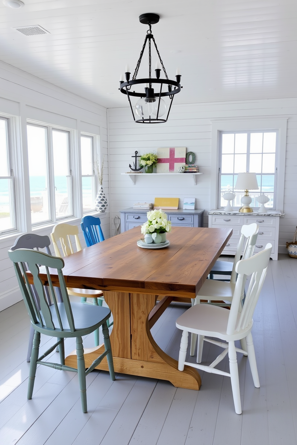 A rustic farmhouse table made of reclaimed wood sits in the center of a bright coastal dining room. Surrounding the table are mismatched chairs painted in soft pastel colors, enhancing the room's relaxed, beachy vibe. The walls are adorned with shiplap in a crisp white finish, complemented by nautical-themed decor. Large windows allow natural light to flood the space, showcasing views of the ocean and a soft blue color palette throughout.