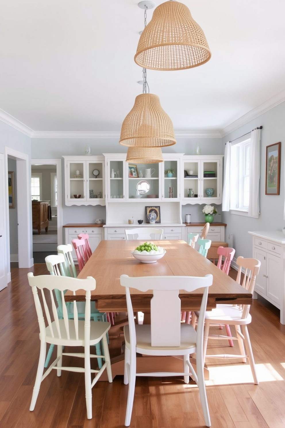 A bright coastal dining room features a large wooden table surrounded by mismatched chairs in soft pastel colors. Above the table, hanging pendant lights with rattan shades create a warm and inviting atmosphere, casting a gentle glow over the space.