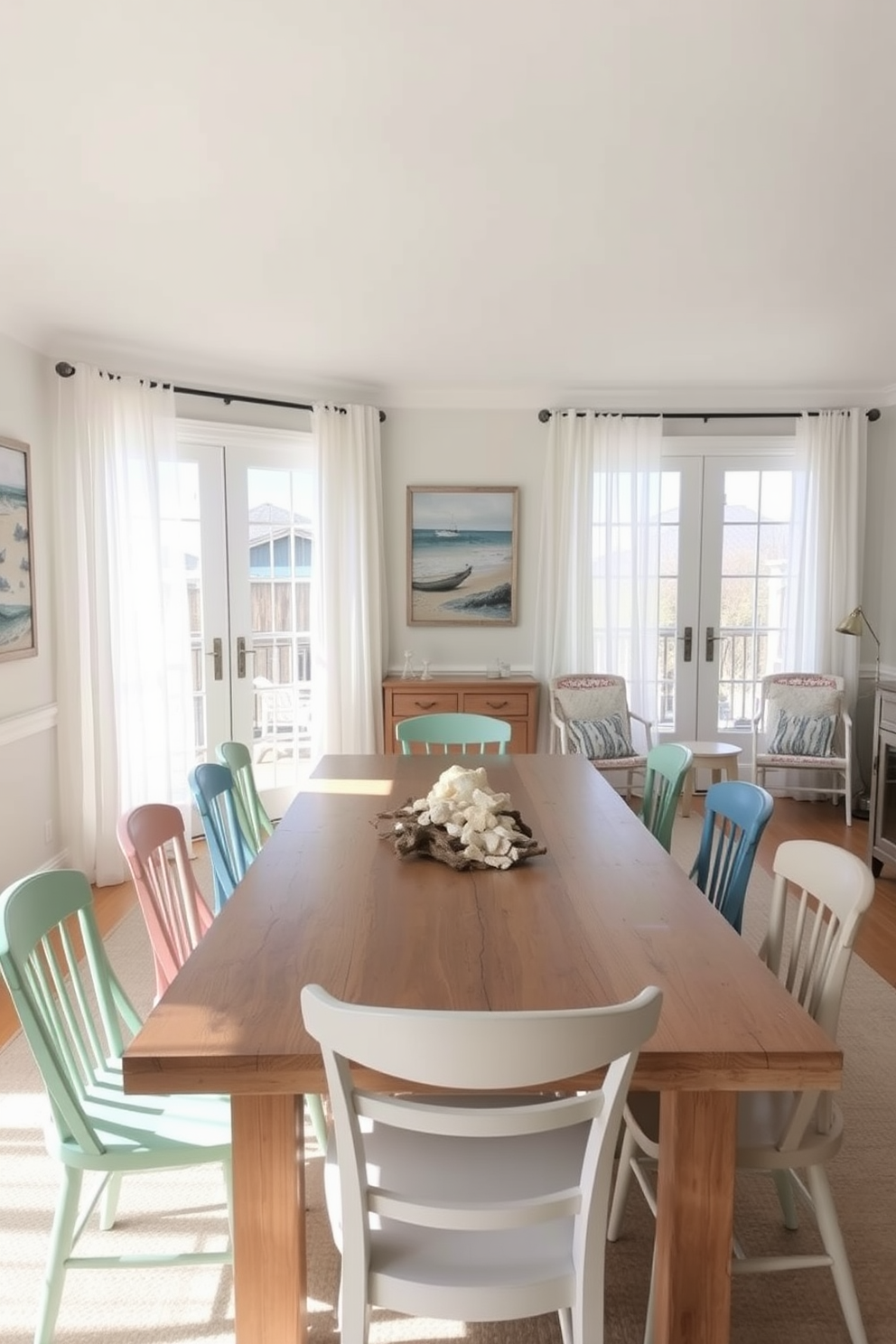 A coastal dining room featuring ocean-inspired artwork on the walls. The space is illuminated by natural light streaming through large windows adorned with sheer white curtains. A long wooden dining table is surrounded by mismatched chairs in soft pastel colors. A centerpiece of seashells and driftwood adds a touch of the beach to the table setting.