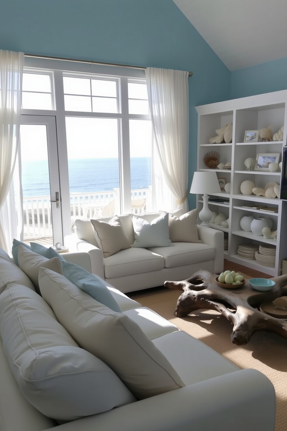 Light blue walls create a serene backdrop in a coastal living room filled with natural light. A plush white sofa adorned with soft blue and beige throw pillows invites relaxation, while a driftwood coffee table adds a touch of rustic charm. Floor-to-ceiling windows showcase stunning ocean views, framed by sheer white curtains that flutter gently in the breeze. A collection of seashells and beach-inspired decor adorns the shelves, enhancing the coastal theme throughout the space.