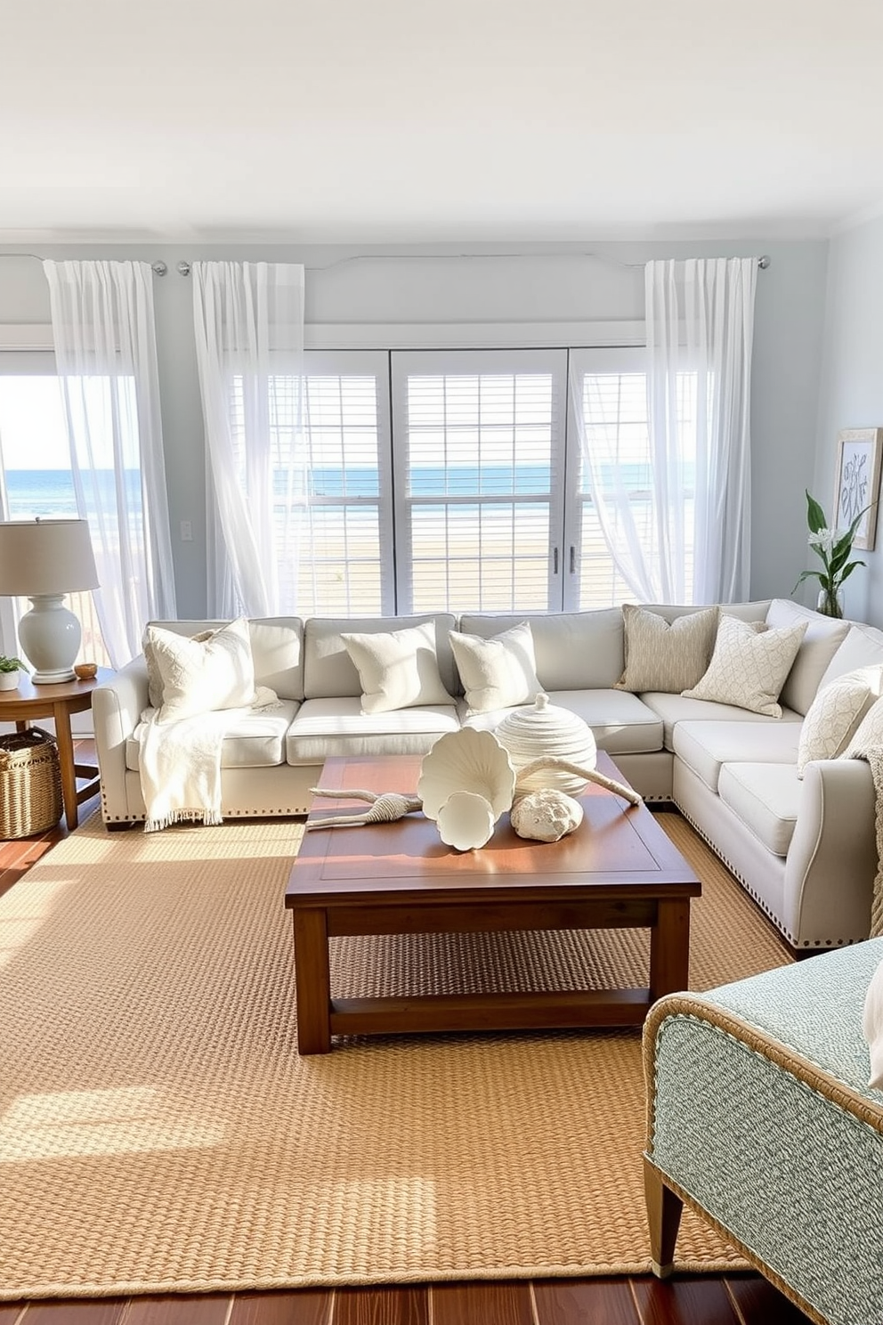 A coastal living room design featuring an ocean-inspired color palette with soft blues and sandy beiges. The space includes a large sectional sofa adorned with textured throw pillows and a light, woven area rug that mimics the beach. Natural light floods the room through large windows, showcasing sheer white curtains that flutter gently in the breeze. A wooden coffee table sits at the center, surrounded by coastal-themed decor such as seashells and driftwood accents.