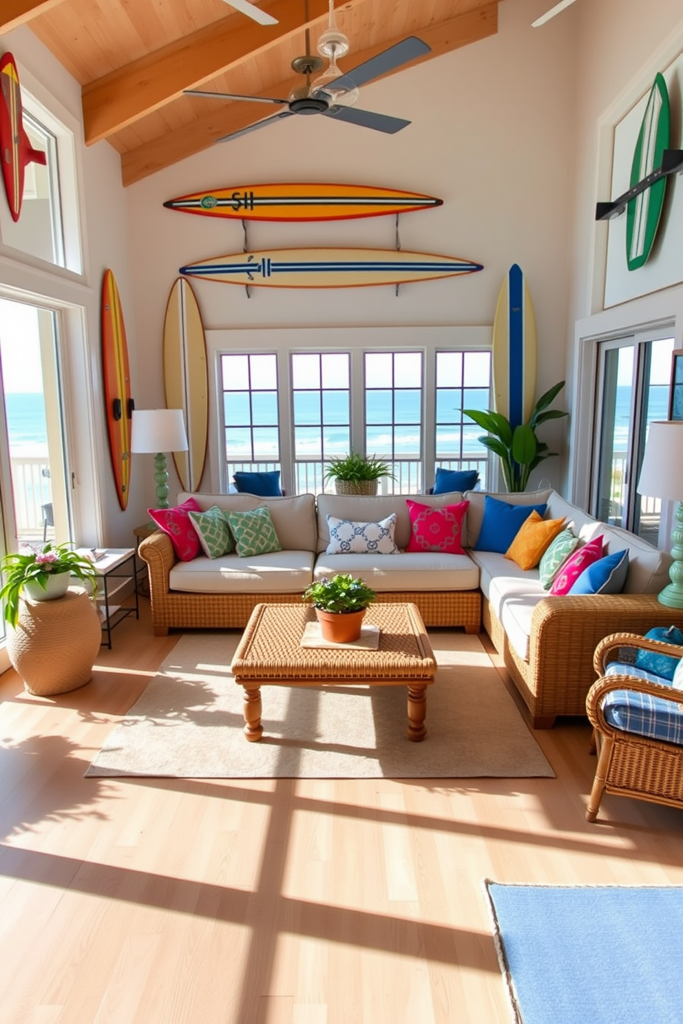 A coastal living room featuring vintage surfboards mounted on the walls. The room is filled with natural light, showcasing a comfortable sectional sofa adorned with vibrant throw pillows and a woven coffee table at the center. Light wood flooring complements the airy atmosphere, while large windows offer views of the ocean. Accents of blue and white in the decor enhance the beachy vibe, with a few potted plants adding a touch of greenery.