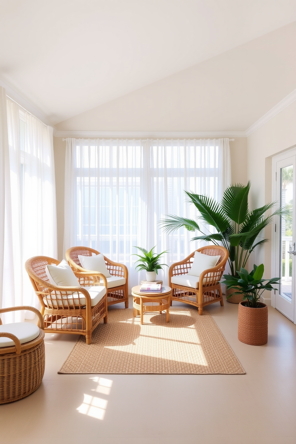 A bright and airy coastal living room featuring rattan chairs with soft cushions in pastel colors. Large windows allow natural light to flood the space, complemented by sheer white curtains gently swaying in the breeze. The walls are painted in a light sandy beige, creating a warm and inviting atmosphere. A woven area rug anchors the seating area, while tropical plants add a touch of greenery and freshness.