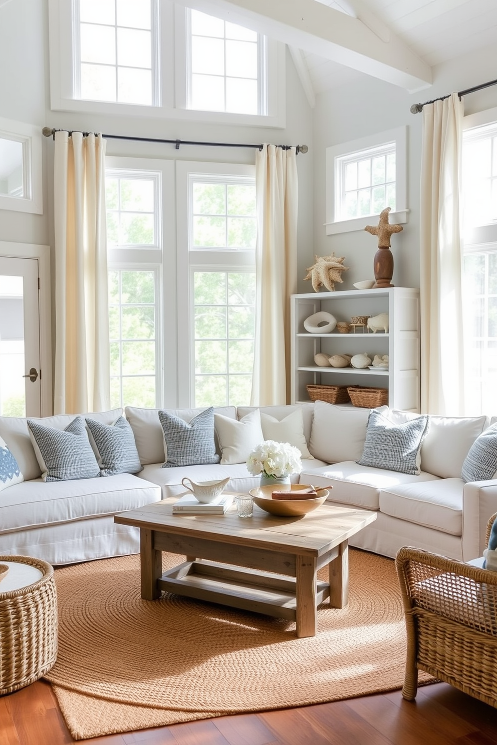 Lightweight linen curtains gently frame large windows, allowing natural light to filter through while adding a breezy feel. The coastal living room features a soft color palette of blues and whites, with a plush sectional sofa adorned with textured throw pillows. A weathered wood coffee table sits at the center, surrounded by woven accents and a jute area rug. Nautical decor elements, such as seashells and driftwood, are thoughtfully arranged on shelves, enhancing the relaxed coastal vibe.