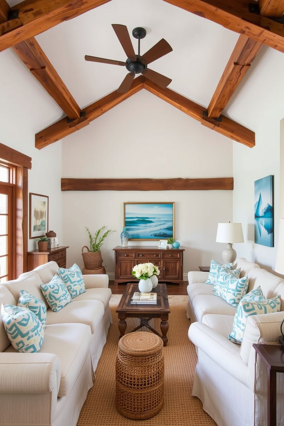 A cozy coastal living room featuring rustic wooden beams that add warmth and character to the space. The room is adorned with soft, neutral-colored furniture, complemented by vibrant ocean-inspired accents such as throw pillows and artwork.