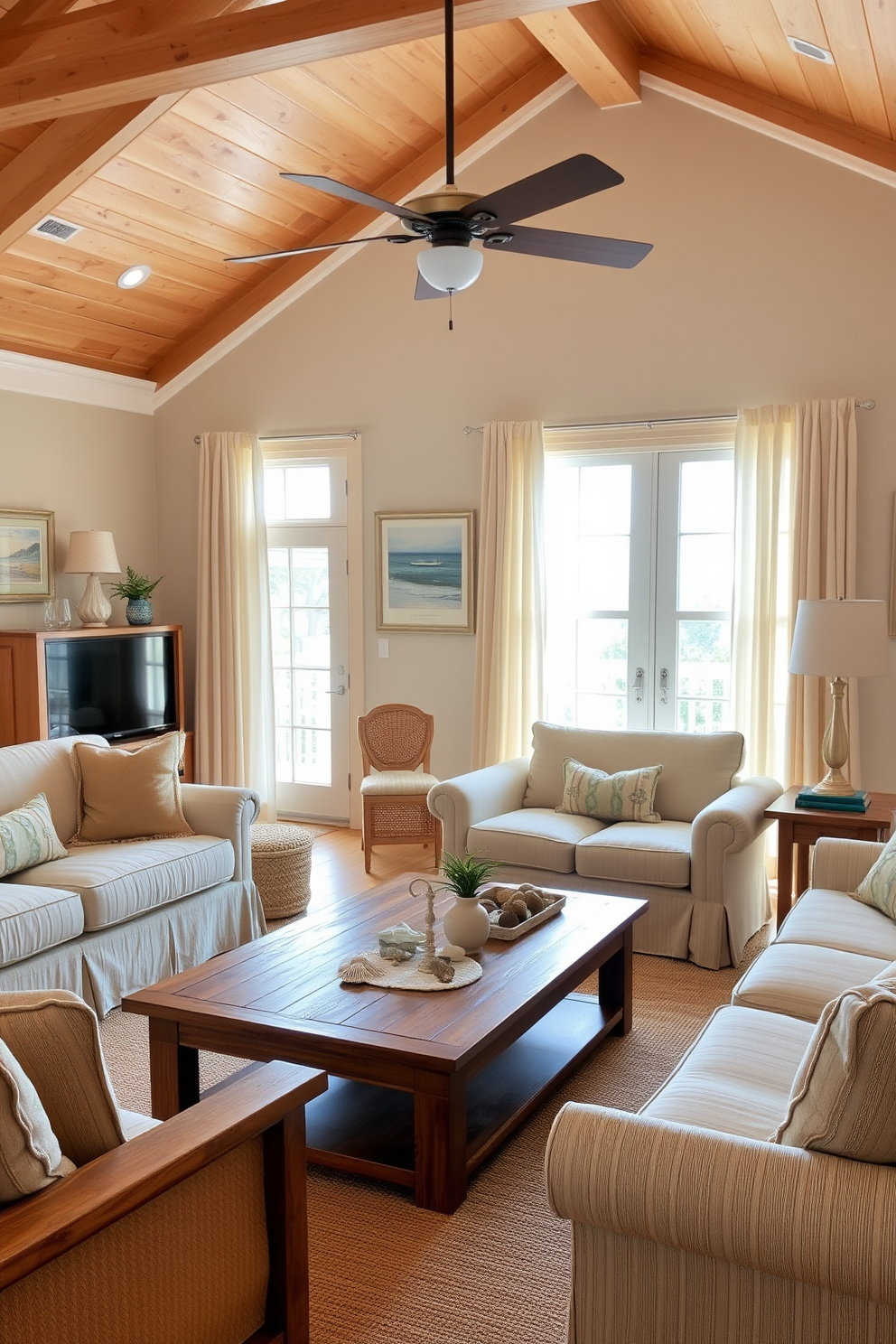 A cozy coastal living room featuring natural wood furniture that radiates warmth. The space includes a large wooden coffee table surrounded by comfortable, light-colored sofas and accent chairs. Soft, airy curtains frame the windows, allowing natural light to fill the room. Decorative elements like seashells and ocean-themed artwork enhance the coastal vibe while maintaining a serene atmosphere.