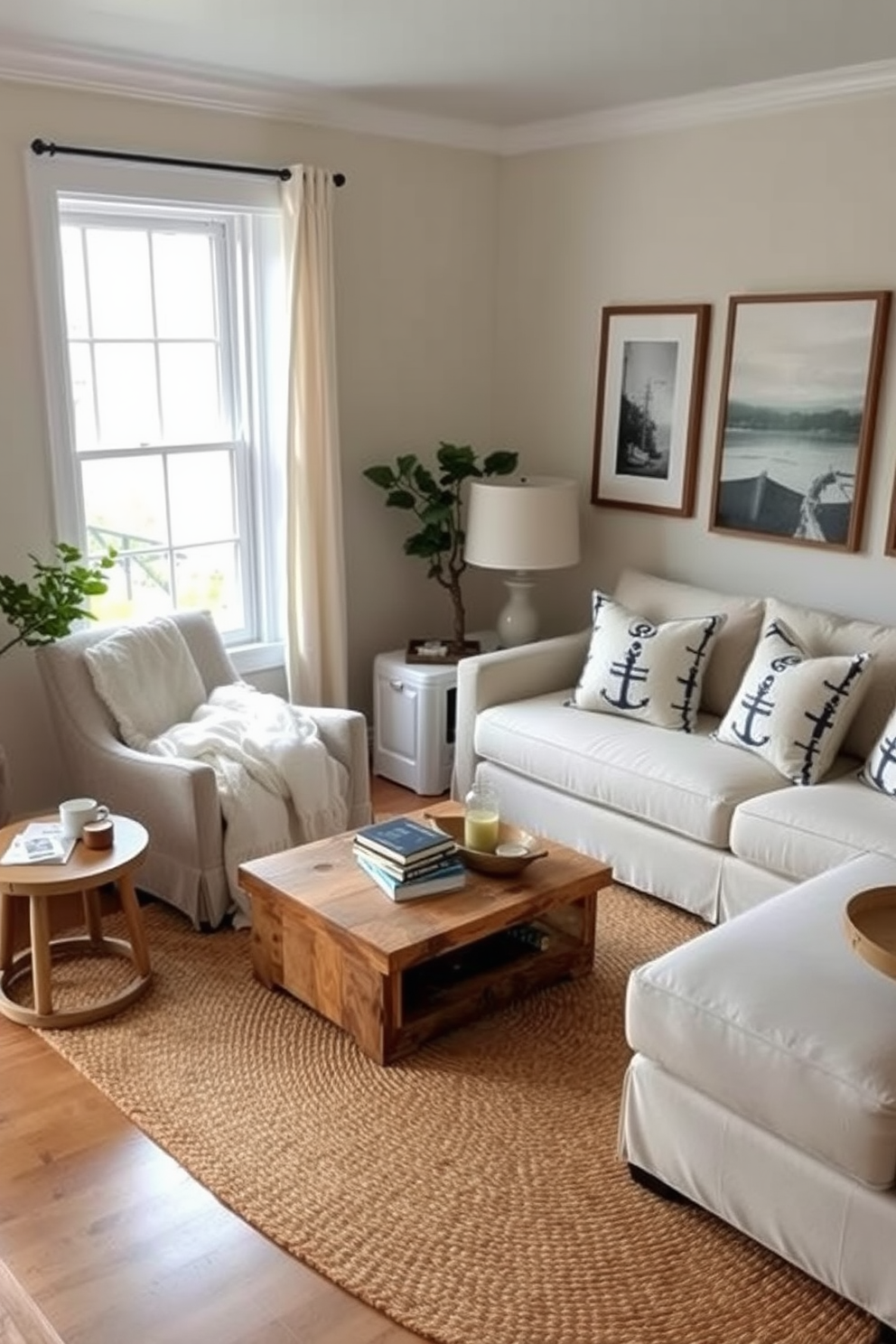 Cozy reading nook by the window. A plush armchair is nestled in the corner with a soft throw blanket draped over it, while a small side table holds a steaming cup of tea and a stack of books. Coastal Living Room Design Ideas. The space features light, airy colors with a large sectional sofa adorned with nautical-themed cushions, and a coffee table made of reclaimed wood sits atop a woven jute rug.